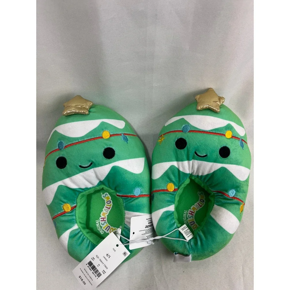 Squishmallows Christmas Tree Plush Slippers Green Holiday Kids Size 4/5 NEW